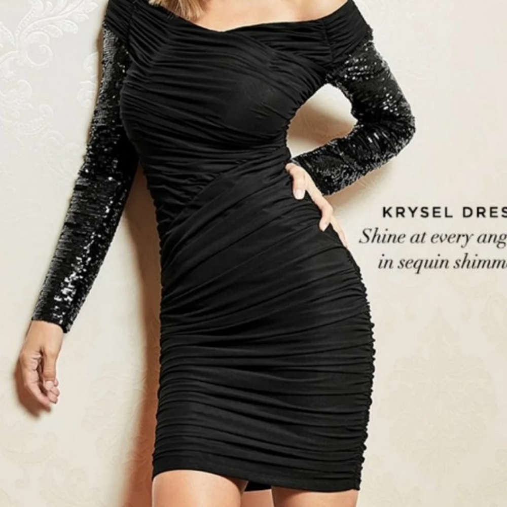 NWOT Marciano Ruched Black Sequin Dress